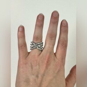 Crystal Crossed Band Ring - Silver Tone Size 7
